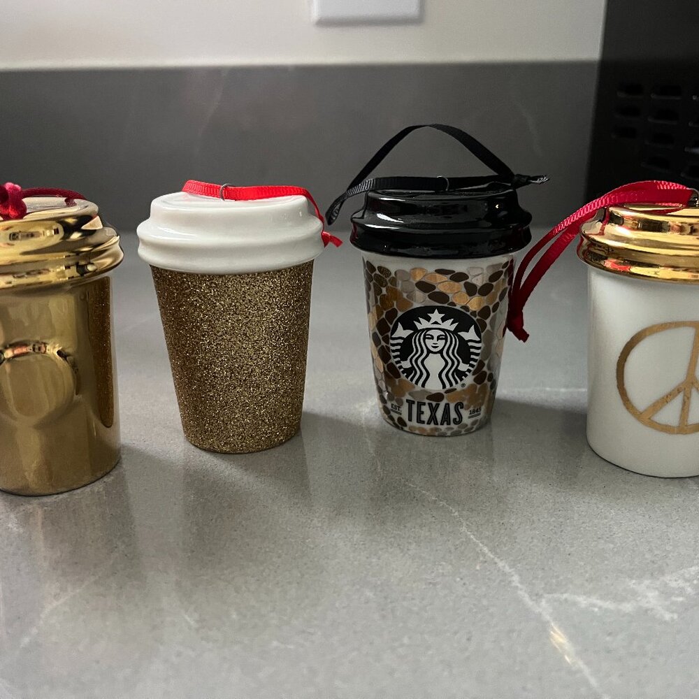 Set of 4 Ceramic Starbucks Ornaments - Gold theme